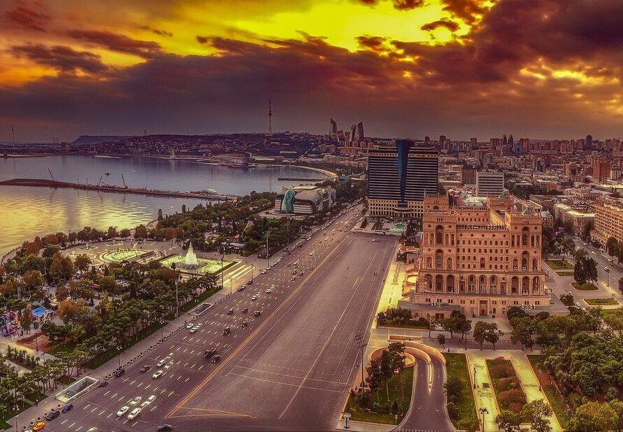 baku, azerbaijan, panorama, sunset, sea, nature, caspian, town, city, cityscape, sky, architecture, travel, east, antique, old, wall, classic, exterior, building, style, oriental, famous, tourism, tower, people